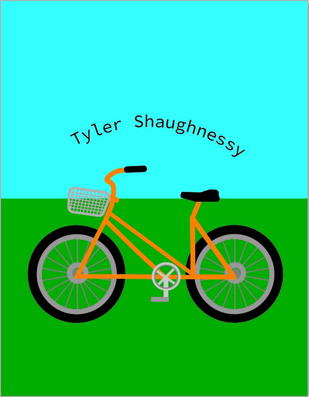 Image of an orange bike with a basket on grass with a blue sky and creators name curved over the bike. created on adobe illustrator
